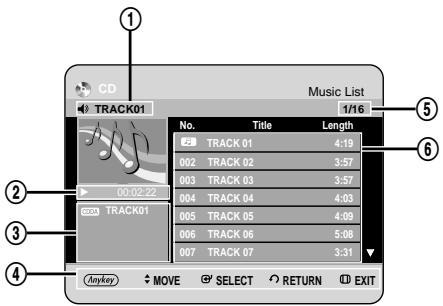 CD TRACK01 Music List 1/16 No. Title Length 23 TRACK 01 4:19 002 TRACK 02 3:57 003 TRACK 03 3:57 004 TRACK 04 4:03 005 TRACK 05 4:09 006 TRACK 06 5:08 007 TRACK 07 3:31 Anykey MOVE SELECT RETURN EXIT