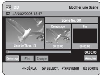 DD MODIFIER une Scène JAN/02/2006 13:47 Scène No. 001 Démarrage Fin Liste de Titres 1/3 00:00:00 00:00:00 00:00:00 Démarrage Fin Changer Annuler DéPLA. SELECT. REVENIR SORTIE