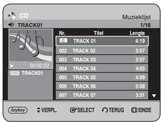 CD TRACK01 Muzieklijst 1/16 Nr. Titel Lengte 02 TRACK 01 4:19 002 TRACK 02 3:57 003 TRACK 03 3:57 004 TRACK 04 4:03 005 TRACK 05 4:09 006 TRACK 06 5:08 007 TRACK 07 3:31 Anykey VERPL. SELECT TERUG EINDE