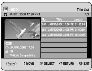 HDD JAN/01/2006 17:30 PR1 Title List 1/3 No. Title Length 001 JAN/01/2006 17:30 PR 01:00:00 002 JAN/02/2006 21:00 PR 01:00:00 003 JAN/03/2006 23:15 PR 00:30:00 MIME JAN/01/2006 17:30 SP V-Mode Compatibility Mykey MOVE SELECT RETURN EXIT