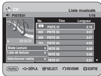 CD Liste musicale PISTE01 1/16 No. Titre Longueur PISTE 01 4:19 002 PISTE 02 3:57 003 PISTE 03 3:57 004 PISTE 04 4:03 Mode Lecture PISTE 05 4:09 Liste de lecture PISTE 06 5:08 Sélectionner média PISTE 07 3:31 Anykey DÉPLA SELECT REVENIR SORTIE