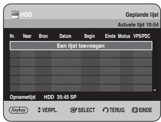 HDD Geplande lijst Actuele tijd 10:54 Nr. Naar Bron Datum Begin Einde Modus VPS/PDC Een lijst toevoegen Opnametijd HDD 35:45 SP Anykey VERPL SELECT TERUG EINDE