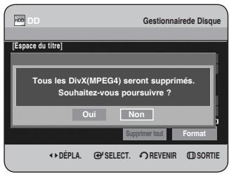 [Espace du titre] Tous les DivX(MPEG4) seront supprimés. Souhaitez-vous poursuivre ? Oui Non Supprimer tout Format DéPLA. SELECT. REVENIR SORTIE