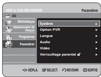 HDD & DVD RECORDER Paramétrer Système Option PVR Langue Audio Vidéo Verrouillage parental DéPLA. SELECT. REVENIR SORTIE