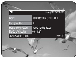 DD Nom Enregistrement info JAN/01/2006 12:00 PR 1 Enregistré titre 4 Heure de création Jan/01/2006 12:00 Durée d'enregistrer 00:13:27 Jan/01/2006 (DIM) 12:00