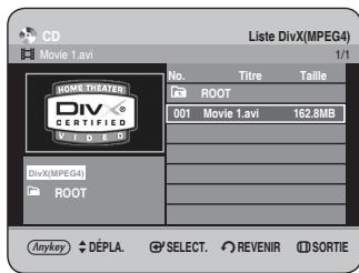 CD Movie 1.avi Liste DivX(MPEG4) 1/1 No. Titre Taille HOMESTHEATER DIV CERTIFIED 001 Movie 1.avi 162.8MB DivX(MPEG4) ROOT Anykey DÉPLA SELECT REVENIR SORTIE