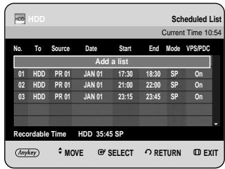 Scheduled List Current Time 10:54 No. To Source Date Start End Mode VPS/PDC Add a list 01 HDD PR 01 JAN 01 17:30 18:30 SP On 02 HDD PR 01 JAN 01 21:00 22:00 SP On 03 HDD PR 01 JAN 01 23:15 23:45 SP On Recordable Time HDD 35:45 SP Anykey MOVE SELECT RETURN EXIT