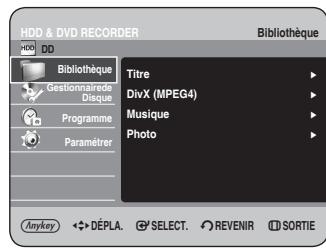 HDD & DVD RECORDER Bibliothèque HDD DD Bibliothèque Gestionnaire de Disque Programme Paramétrer Titre DivX (MPEG4) Musique Photo Anykey ◀→DÉPLA. Ⓧ SELECT. Ⓧ REVENIR ⏻ SORTIE