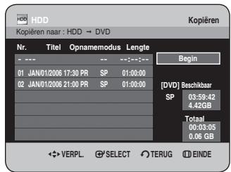 HDD Kopieren naar : HDD → DVD Nr. Titel Opnamemodus Lengte 01 JAN01/2006 17:30 PR SP 01:00:00 02 JAN01/2006 21:00 PR SP 01:00:00 Begin [DVD] Beschikbaar SP 03:59:42 4.42GB Totaal 00:33:05 0.06 GB VERPL SELECT TERUG EINDE