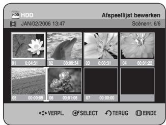 HDD JAN/02/2006 13:47 Afspeellijst bewerken Sclenr. 6/6 03 0:04:31 02 00:00:34 03 0:00:31 04 00:01:22 05 00:00:59 06 00:01:06 07 00:00:08 ✿ VERPL ⚪ SELECT ○ TERUG 📊 EINDE