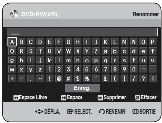 DVD-RW(VR) Renommer A B C D E F G H I J K L M N O P Q R S T U V W X Y Z a b c d e f g h i j k l m n o p q r s t u v w x y z 1 2 3 4 5 6 7 8 9 0 - _ + = . ! @ # $ % ^ & ( ) / ? I Enreg. Espace Libre Espace Supprimer Effacer DéPLA SELECT REVENIR SORTIE