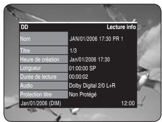 DD Nom JAN/01/2006 17:30 PR 1 Titre 1/3 Heure de création Jan/01/2006 17:30 Longueur 01:00:00 SP Durée de lecture 00:00:02 Audio Dolby Digital 2/0 L+R Protection titre Non Protégé Jan/01/2006 (DIM) 12:00