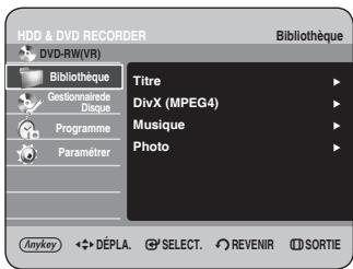 HDD & DVD RECORDER DVD-RW(VR) Bibliothèque Titre DivX (MPEG4) Musique Photo Anykey DéPLA. SELECT. REVENIR SORTIE