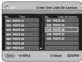 CD Créer Une Liste De Lecture No. Titre 001 PISTE 01 002 PISTE 02 003 PISTE 03 004 PISTE 04 005 PISTE 05 006 PISTE 06 007 PISTE 07 No. Liste de lecture 001 PISTE 04 002 PISTE 02 003 PISTE 06 004 PISTE 01 005 PISTE 07 Anykey ◀→DÉPLA. ✓ Annuler Ⓗ SORTIE