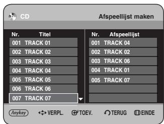 CD Afspeellijst maken Nr. Titel Nr. Afspeellijst 001 TRACK 01 001 TRACK 04 002 TRACK 02 002 TRACK 02 003 TRACK 03 003 TRACK 06 004 TRACK 04 004 TRACK 01 005 TRACK 05 005 TRACK 07 006 TRACK 06 007 TRACK 07 Anykey VERPL TOEV TERUG EINDE