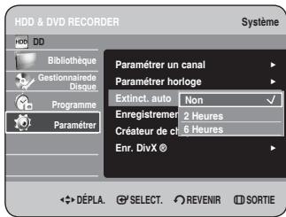 HDD & DVD RECORDER Système HDD DD Bibliothèque Gestionnaire de Disque Programme Paramétrer Paramétrer un canal Paramétrer horloge Extinct. auto Non ✓ Enregistrement 2 Heures Créateur de cl 6 Heures Enr. DivX © DéPLA. SELECT. REVENIR SORTIE