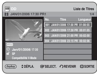 DD JAN/01/2006 17:30 PR1 Liste de Titres 1/4 No. Titre Longueur 001 JAN/01/2006 17:30 PR 01:00:55 002 JAN/01/2006 17:30 PR 00:01:05 003 JAN/01/2006 21:00 PR 00:02:00 004 JAN/01/2006 23:15 PR 00:02:06 JAN/01/2006 17:30 SP Compatibilité V-Mode Anykey DÉPLA SELECT REVENIR SORTIE
