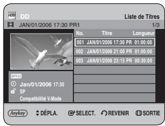 DD JAN/01/2006 17:30 PR1 Liste de Titres 1/3 No. Titre Longueur 001 JAN/01/2006 17:30 PR 01:00:00 002 JAN/01/2006 21:00 PR 01:00:00 003 JAN/01/2006 23:15 PR 00:30:00 WICD Jan/01/2006 17:30 SP Compatibilité V-Mode Anykey DÉPLA SELECT REVENIR SORTIE