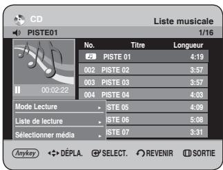 CD Liste musicale PISTE01 1/16 No. Titre Longueur 2 PISTE 01 4:19 002 PISTE 02 3:57 003 PISTE 03 3:57 004 PISTE 04 4:03 Mode Lecture STE 05 4:09 Liste de lecture ISTE 06 5:08 Sélectionner média ISTE 07 3:31 Anykey DÉPLA SELECT REVENIR SORTIE