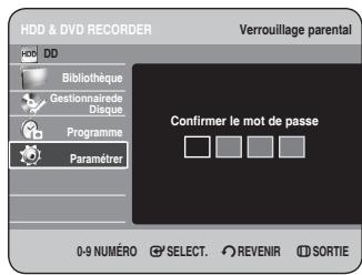 HDD & DVD RECORDER Verrouillage parental HDD DD Bibliothèque Gestionnaire de Disque Programme Paramèrer Confirmer le mot de passe 0-9 NUMÉRO SELECT. REVENIR SORTIE