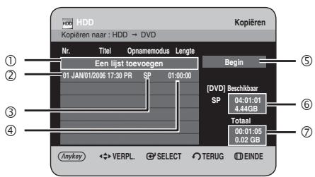 HDD Kopiëren naar : HDD → DVD Kopiëren Nr. Titel Opnamemodus Lengte Een lijst toevoegen 01 JAN/01/2006 17:30 PR SP 01:00:00 Begin [DVD] Beschikbaar SP 04:01:01 4.44GB Total 00:01:05 0.02 GB Anykey VERPL SELECT TERUG EINDE