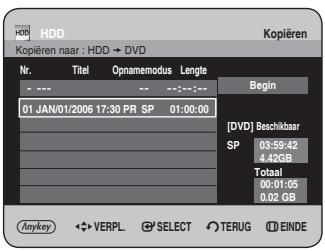 HDD Kopiëren naar : HDD → DVD Nr. Titel Opnamemodus Lengte 01 JAN/01/2006 17:30 PR SP 01:00:00 Begin [DVD] Beschikbaar SP 03:59:42 4.42GB Totaal 00:01:05 0.02 GB Anykey ◀ VERPL. ⬆ SELECT ⬇ TERUG ⬇ EINDE