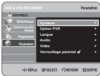 HDD & DVD RECORDER Paramétrer DVD-RW(V) Bibliothèque Gestionnaire Disque. Programme Paramétrer Systeme Option PVR Langue Audio Vidéo Verrouillage parental DéPLA. SELECT. REVENIR SORTIE