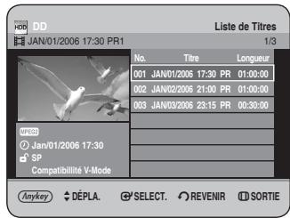 DD JAN/01/2006 17:30 PR1 Liste de Titres 1/3 No. Titre Longueur 001 JAN/01/2006 17:30 PR 01:00:00 002 JAN/02/2006 21:00 PR 01:00:00 003 JAN/03/2006 23:15 PR 00:30:00 © Jan/01/2006 17:30 SP Compatibilité V-Mode Anykey DÉPLA SELECT REVENIR SORTIE
