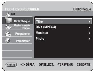 HDD & DVD RECORDER CD Bibliothèque Gestionnaire Disque Programme Paramétrer Titre DivX (MPEG4) Musique Photo Anykey DéPLA. SELECT. REVENIR SORTIE