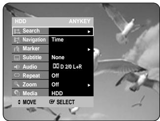 HDD ANYKEY Search Navigation Time Marker Subtitle None Audio D 2/0 L+R Repeat Off Zoom Off Media HDD MOVE SELECT