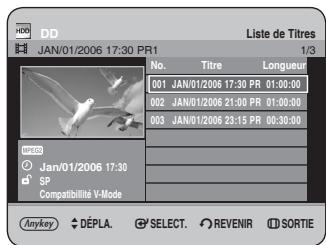 DD JAN/01/2006 17:30 PR1 Liste de Titres 1/3 No. Titre Longueur 001 JAN/01/2006 17:30 PR 01:00:00 002 JAN/01/2006 21:30 PR 01:30:30 003 JAN/01/2006 23:15 PR 00:30:00 MPEG Jan/01/2006 17:30 SP Compatibilité V-Mode Anykey DÉPLA SELECT REVENIR SORTIE