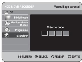 HDD & DVD RECORDER HDD DD Bibliothèque Gestionnaire Disque Programme Paramèrer Verrouillage parental Créer le code 0-9 NUMÉRO SELECT. REVENIR SORTIE