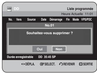 Liste programmée Heure Actuelle 11:01 No. Vers Source Date Démarrage Fin Mode VPS/PDC No.01 Souhaitez-vous supprimer ? Oui Non Durée enregistrable DD 35:45 SP DéPLA SELECT REVENIR SORTIE