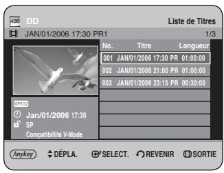 DD JAN/01/2006 17:30 PR1 Liste de Titres 1/3 No. Titre Longueur 001 JAN/01/2006 17:30 PR 01:00:00 002 JAN/01/2006 21:00 PR 01:00:00 003 JAN/01/2006 23:15 PR 00:30:00 SP Compatibilité V-Mode Anykey DÉPLA SELECT REVENIR SORTIE