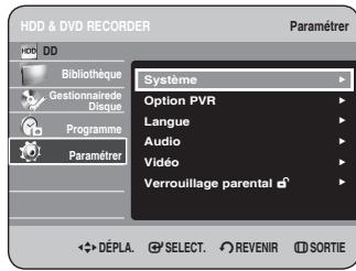 HDD & DVD RECORDER Paramétrer Bibliothèque Gestionnaire de Disque Programme Paramétrer Système Option PVR Langue Audio Vidéo Verrouillage parental DéPLA. SELECT. REVENIR SORTIE