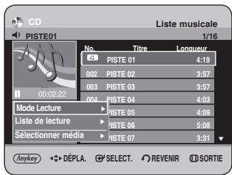 CD PISTE01 Liste musicale 1/16 No. Titre Longueur PISTE 01 4:19 002 PISTE 02 3:57 003 PISTE 03 3:57 PISTE 04 4:03 Mode Lecture HISTE 05 4:09 Liste de lecture PISTE 06 5:08 Sélectionner média PISTE 07 3:31 Anykey DéPLA. SELECT. REVENIR SORTIE