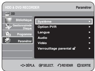 HDD & DVD RECORDER Paramétrer Bibliothèque Gestionnaire de Disque Programme Paramétrer Système Option PVR Langue Audio Vidéo Verrouillage parental DéPLA. SELECT. REVENIR SORTIE