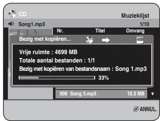 CD Song1.mp3 Muzieklisjst 1/10 Nr. Titel Omvang Bezig met kopieren... Vrije ruimte : 4699 MB Totale aantal bestanden : 1/1 Bezig met kopieren van bestandsnaam : Song 1.mp3 33% 006 Song 5.mp3 10.3 MB ANNUL.