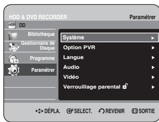 HDD & DVD RECORDER Paramétrer Système Option PVR Langue Audio Vidéo Verrouillage parental DéPLA. SELECT. REVENIR SORTIE