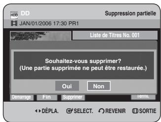 DD SUPPRESSION partielle JAN/01/2006 17:30 PR1 Liste de Titres No. 001 Souhaitez-vous supprimer? (Une partie supprimée ne peut être restaurée.) Oui Non Démarage Fin Supprimer Termic. ► DÉPLA. SELECT. REVENIR SORTIE