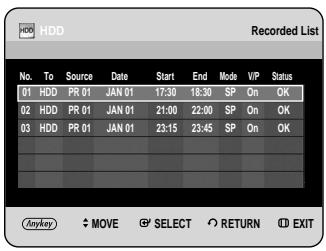 HDD Recorded List No. To Source Date Start End Mode VIP Status 01 HDD PR 01 JAN 01 17:30 18:30 SP On OK 02 HDD PR 01 JAN 01 21:00 22:00 SP On OK 03 HDD PR 01 JAN 01 23:15 23:45 SP On OK Anykey MOVE SELECT RETURN EXIT