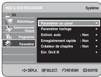 HDD & DVD RECORDER Système HDD DD Bibliothèque Gestionnaire Disague Programme Paramétrer Paramétrer un canal Paramétrer horloge Extinct. auto : Non Enregistrement rapide : Non Créateur de chapitre : Non Enr. DivX © DéPLA. SELECT. REVENIR SORTIE