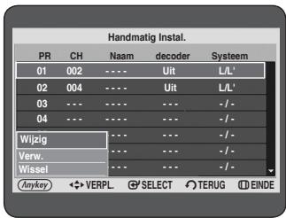 Handmatig Instal. PR CH Naam decoder Systeem 01 002 ---- Uit L/L' 02 004 ---- Uit L/L' 03 --- ---- --- -/- 04 --- ---- --- -/- Wijzig --- --- -/- Verw. --- --- -/- Wissel --- --- -/- (Anykey) ◀ VERPL. Ⓧ SELECT Ⓧ TERUG Ⓔ ENDE