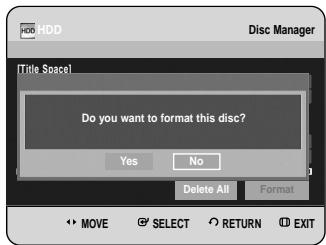 [Title Soacel] Do you want to format this disc? Yes No Delete All Format MOVE SELECT RETURN EXIT