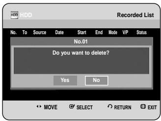 HDD Recorded List No. To Source Date Start End Mode VIP Status No.01 Do you want to delete? Yes No MOVE SELECT RETURN EXIT