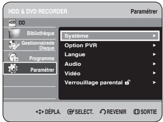 HDD & DVD RECORDER Paramétrer Système Option PVR Langue Audio Vidéo Verrouillage parental DéPLA. SELECT. REVENIR SORTIE