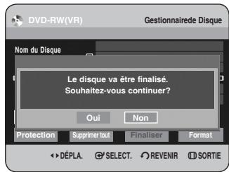 DVD-RW(VR) Gestionnaire de Disque Nom du Disque Le disque va être finalisé. Souhaitez-vous continuer? Oui Non Protection Supprimer tout Finaliser Format DéPLA. SELECT. REVENIR SORTIE