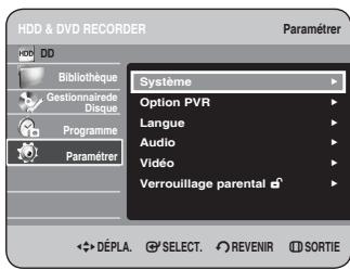 HDD & DVD RECORDER Paramétrer Bibliothèque Gestionnaire de Disque. Programme Paramétrer Système Option PVR Langue Audio Vidéo Verrouillage parental DéPLA. SELECT. REVENIR SORTIE