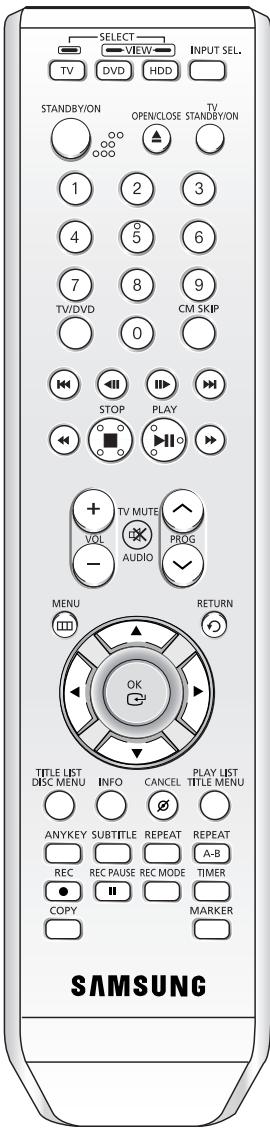 SELECT VIEW INPUT SEL. TV DVD HDD STANDBY/ON OPEN/CLOSE TV STANDBY/ON 1 2 3 4 5 6 7 8 9 TV/DVD CM SKIP 0 STOP PLAY VOL PROG AUDIO MENU RETURN OK TITLE LIST DISC MENU INFO CANCEL PLAY LIST TITLE MENU ANYKEY SUBTITLE REPEAT REPEAT A-B REC REC PAUSE REC MODE TIMER COPY MARKER SAMSUNG
