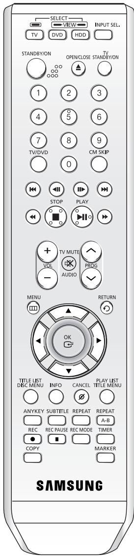 SELECT VIEW INPUT SEL. TV DVD HDD STANDBY/ON OPEN/CLOSE TV STANDBY/ON 1 2 3 4 5 6 7 8 9 TV/DVD CM SKIP 0 STOP PLAY + TV MUTE VOL AUDIO PROG - MENU RETURN OK TITLE LIST DISC MENU INFO CANCEL PLAY LIST TITLE MENU ANYKEY SUBTITLE REPEAT REPEAT A-B REC REC PAUSE REC MODE TIMER COPY MARKER SAMSUNG